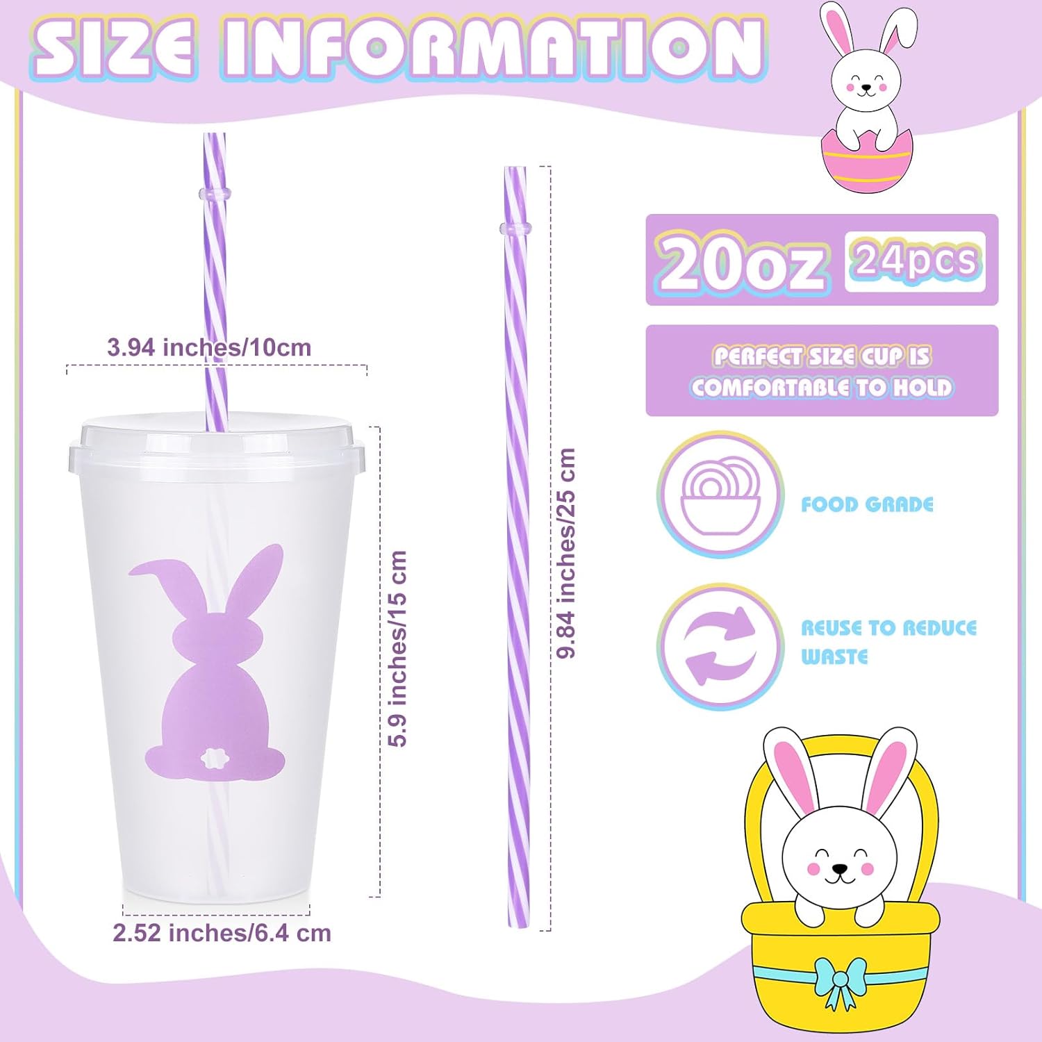 24 Pcs Easter Plastic Cups with Lids and Straws Bunny Rabbit Cups Bulk Reusable Tea Coffee Tumbler for Easter Day Party Drinkware Holiday Supplies (20 oz)