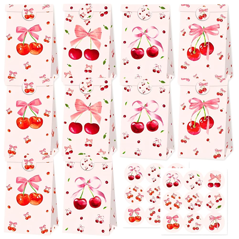 Cherry Themed Party Favor Bags with Stickers Shes Cherry On the Top, Cherry Bowknot Gift Bags,Fruit Themed Party Bags-12pcs