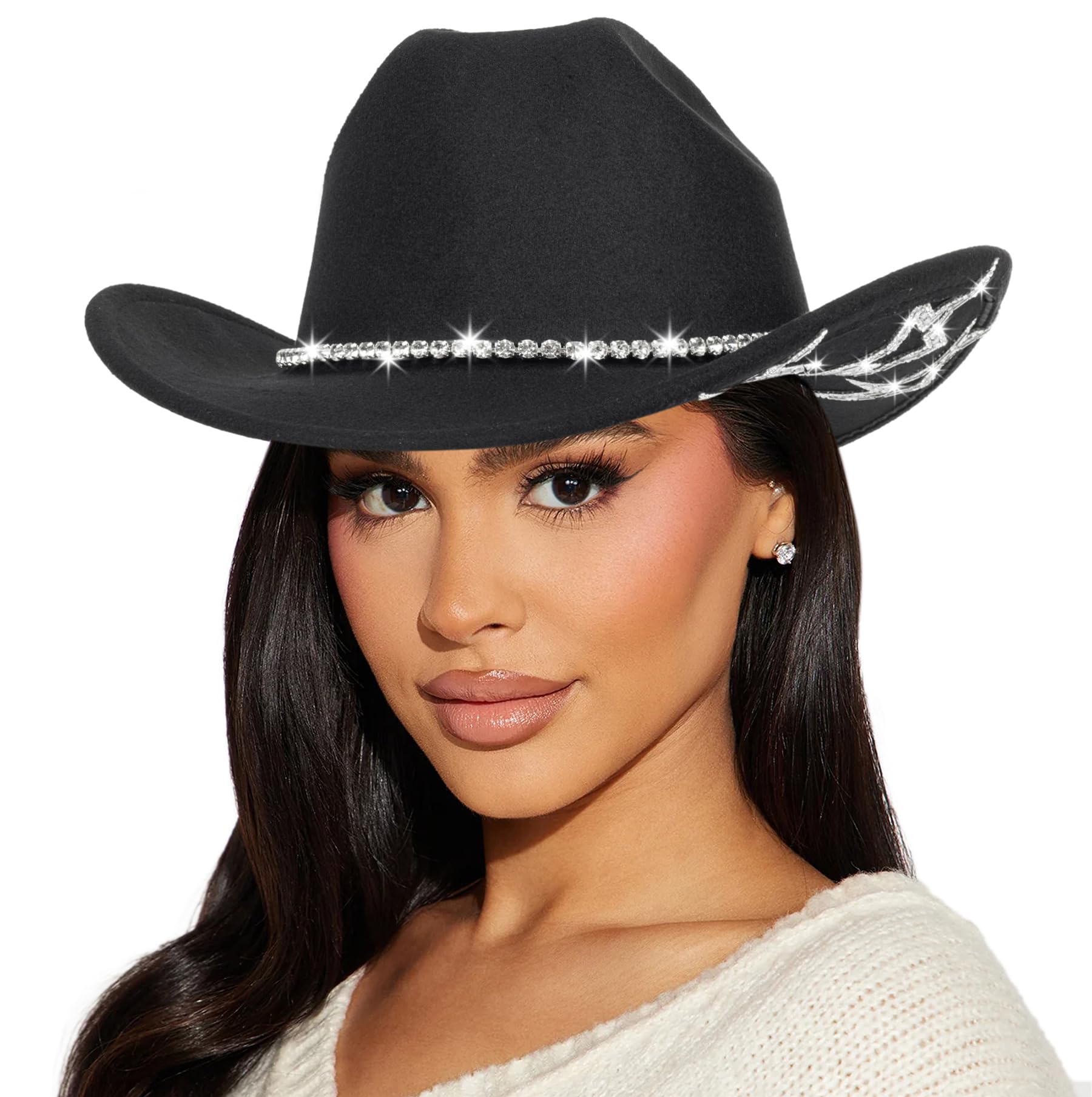 HinyBoehRhinestone-Western-Cowboy-Hat for Womens Wide-Brim-Felt-Cowgirl-Hats Sparkly Disco Cap