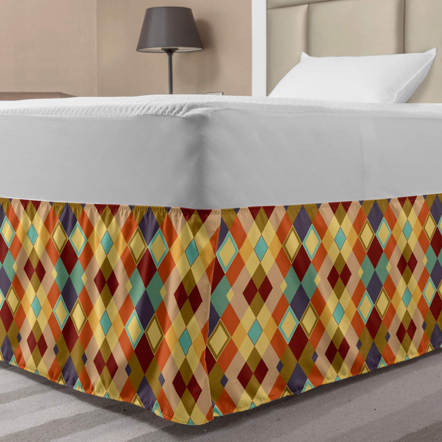 Lunarable Yellow and Brown Bed Skirt Abstract Diamond Shaped Geometric Rhombus Pastel Colorful Pattern Elastic Bedskirt Dust Ruffle