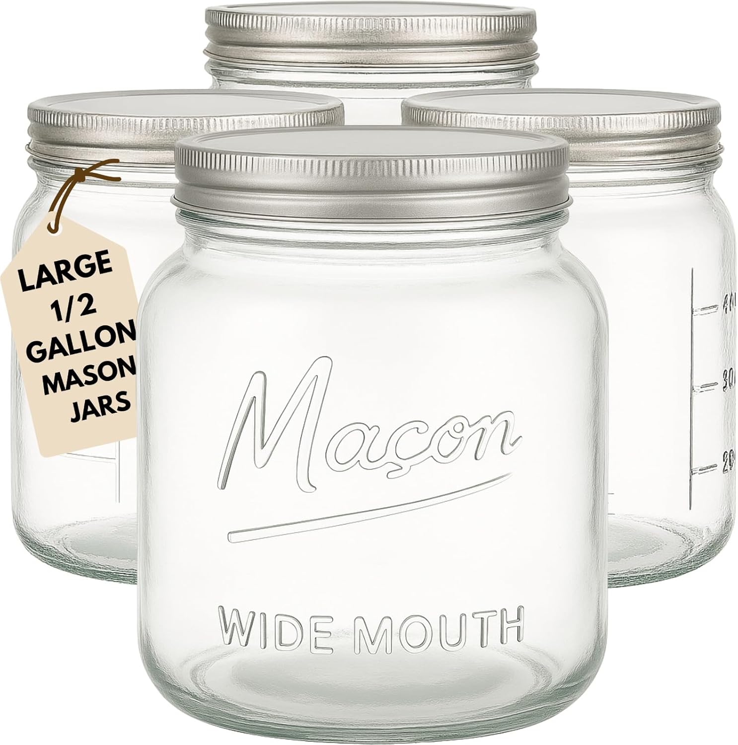 Kitchentoolz Half Gallon Glass Mason Jars with Extra Wide Mouth & Metal Lids - Airtight Food Storage & Canning Jars with Measurement Markings - 64 oz (4pk)