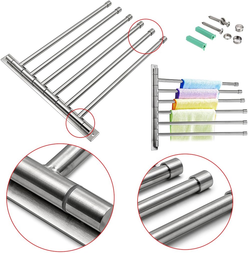 Sumnacon Wall Mounted Swing Towel Bar - Silver Stainless Steel Bath Towel Rod Arm, Bathroom/Kitchen Swivel Towel Rack Hanger Holder Organizer, Folding Space Saver Towel Rail (6 Bar) : Home & Kitchen