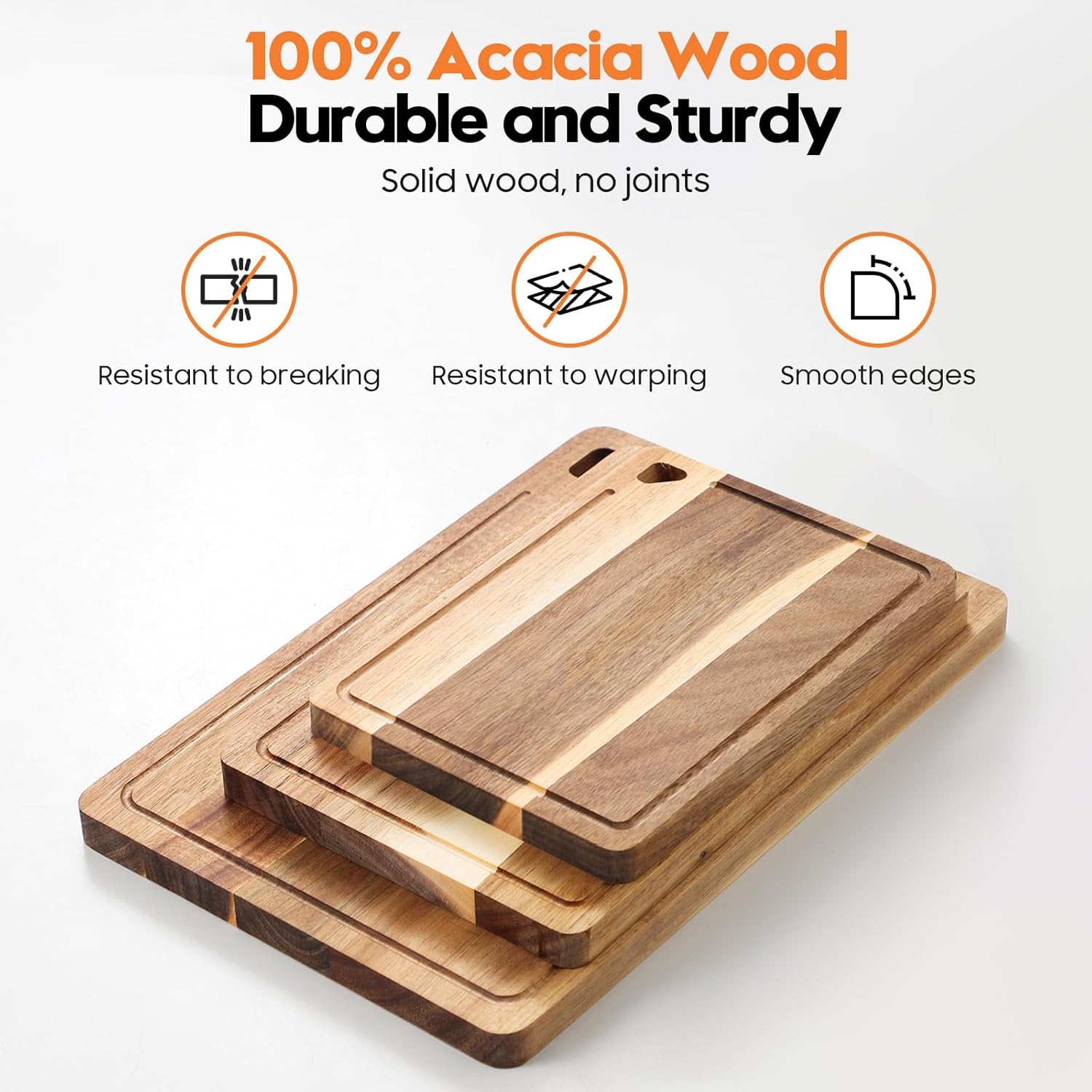 Acacia Wood Cutting Boards for Kitchen Non Toxic, Reversible Wooden Cutting Board with Juice Groove, Wood Chopping Board for Meat, Vegetables and Fruits, Set of 3 (S+M+L)
