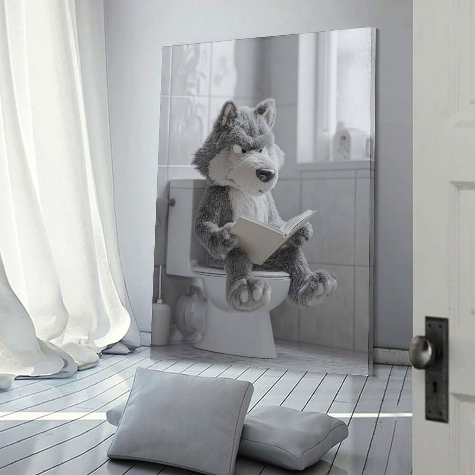 Junmoney Wolf Reading on The Toilet Wall Picture Print 12x18inch(30x45cm), for Lounge Decor, Offices Or Entryway Styling, A Flexible Wall Accent for Shared Spaces