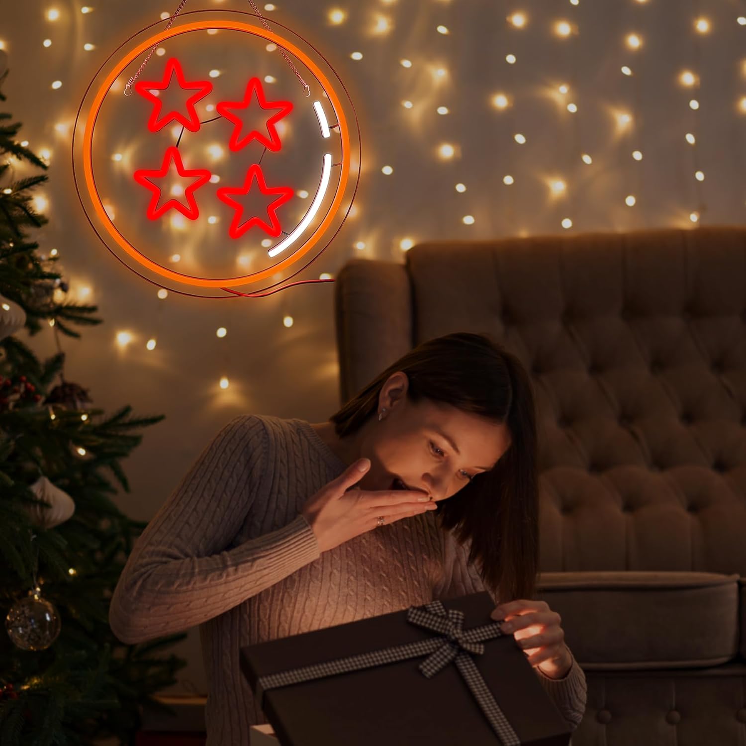 MissAudrey Four Star Anime Neon Sign Led Night Lights for Room Decor, Ball Neon Signs for Wall Decor, USB Powered Adjustable Brightness LED Lights for Bright Game Room Man Cave Birthday Party Decorations Gift