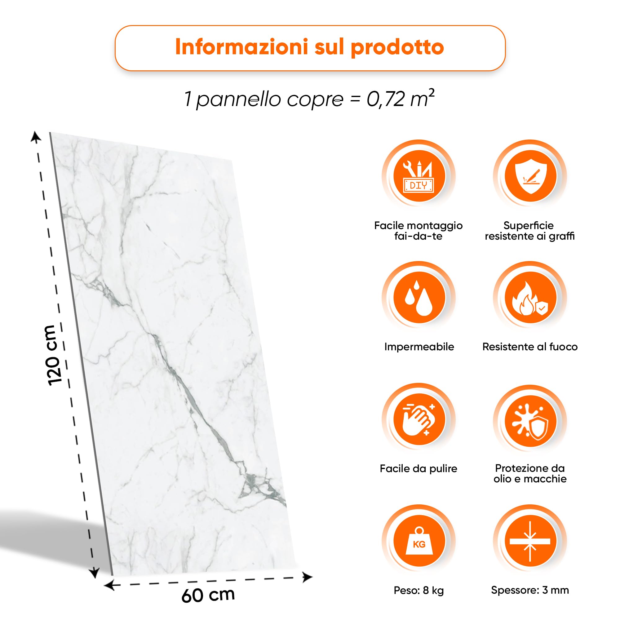 IZODEKOR SPC - Pannello da parete in marmo bianco, 60 x 120 cm, pannello posteriore da cucina, 1 pezzo resistente all'acqua, resistente al calore, protezione contro gli schizzi, rivestimento in PVC