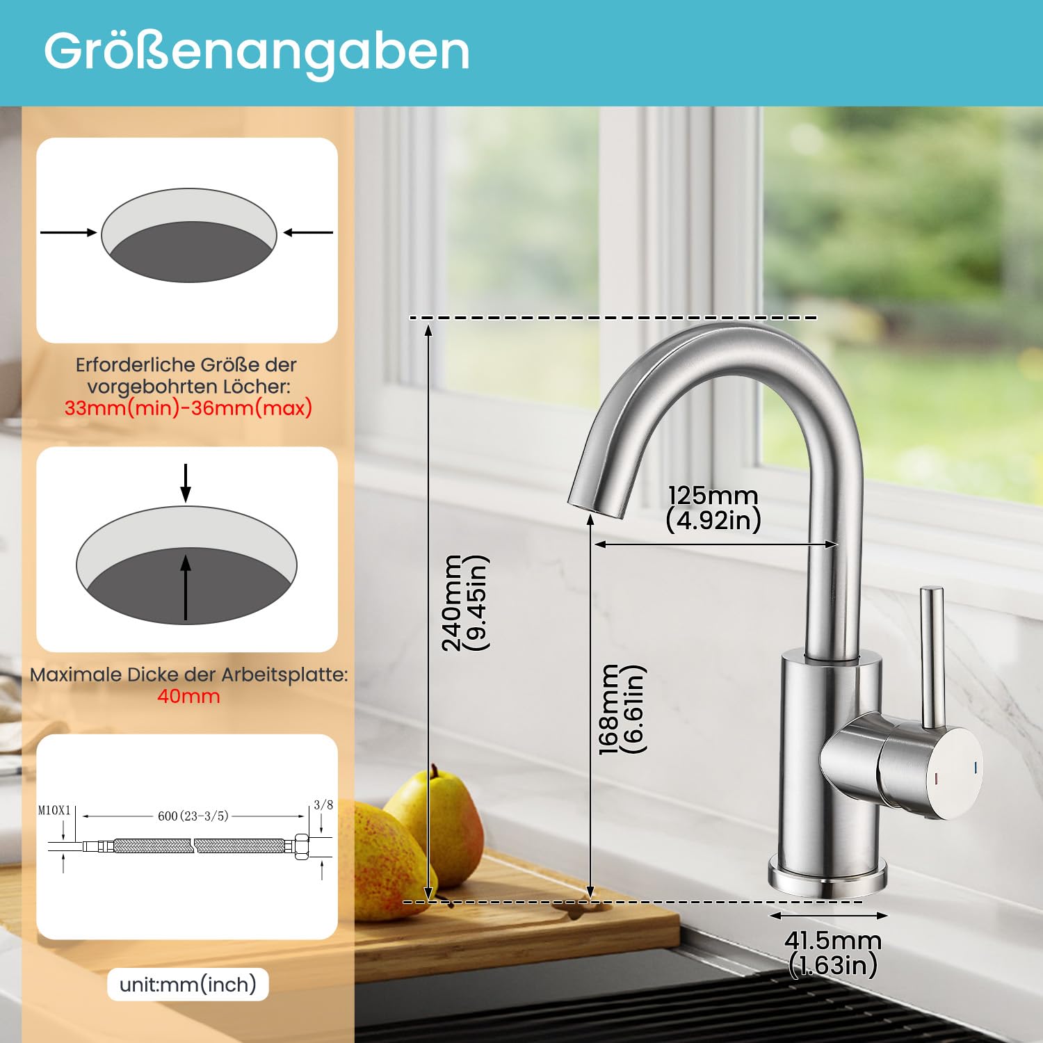 Grifo de baño de dos piezas, grifo de baño/cocina pequeño, giratorio 360°, monomando, grifo de lavabo de acero inoxidable cepillado