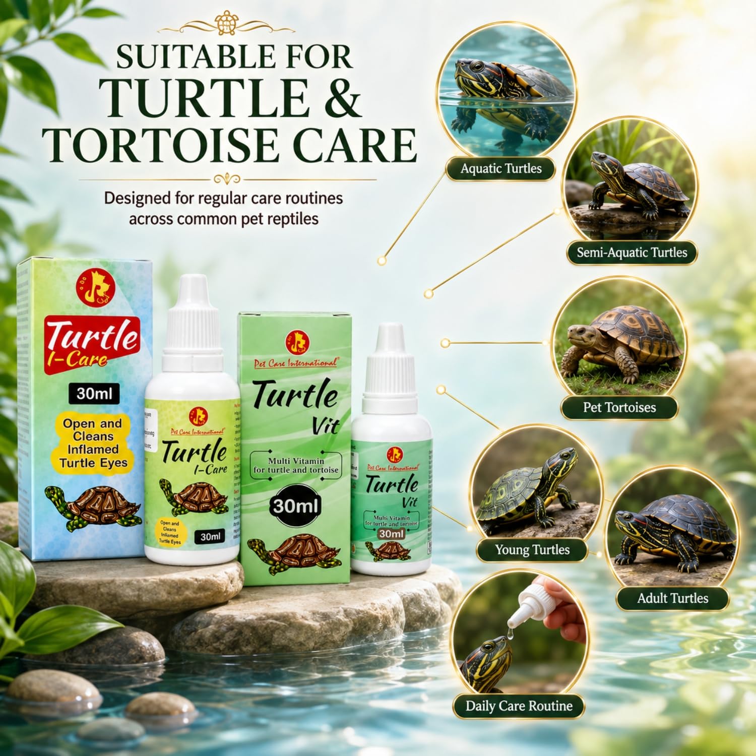 Pet Care International (PCI) Turtle i-Care & Turtle VIT Drop for Swollen, Inflamed, Infected Eye & for Essential Vitamins and Minerals of Healthy Turtle Healthcare (Combo) (30ml) 3