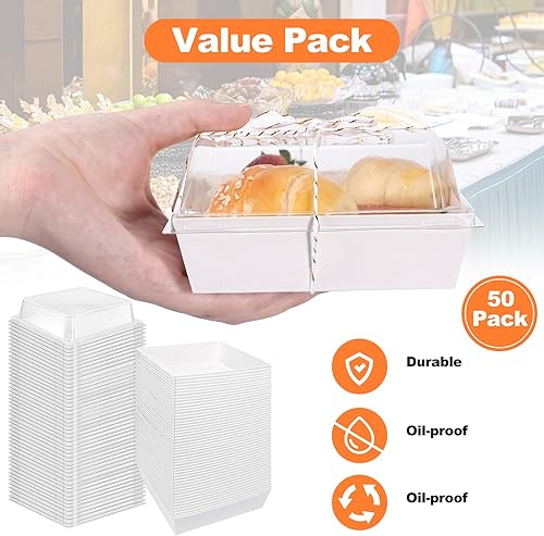 Miniatura 5 de STRAYJO Paquete de 50 cajas de papel para embutidos con tapas transparentes, recipientes cuadrados blancos para galletas de 4.3 pulgadas, cajas de