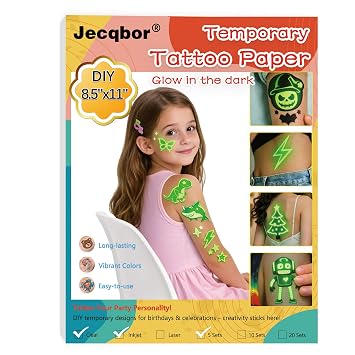 5 Sets DIY Glow in the Dark Temporary Tattoo Paper for INKJET Printer | Custom Tattoos 8.5X11", Clear Transfer Tattoo Paper for Kids, Girls, Christmas, Halloween, Parties, Festivals