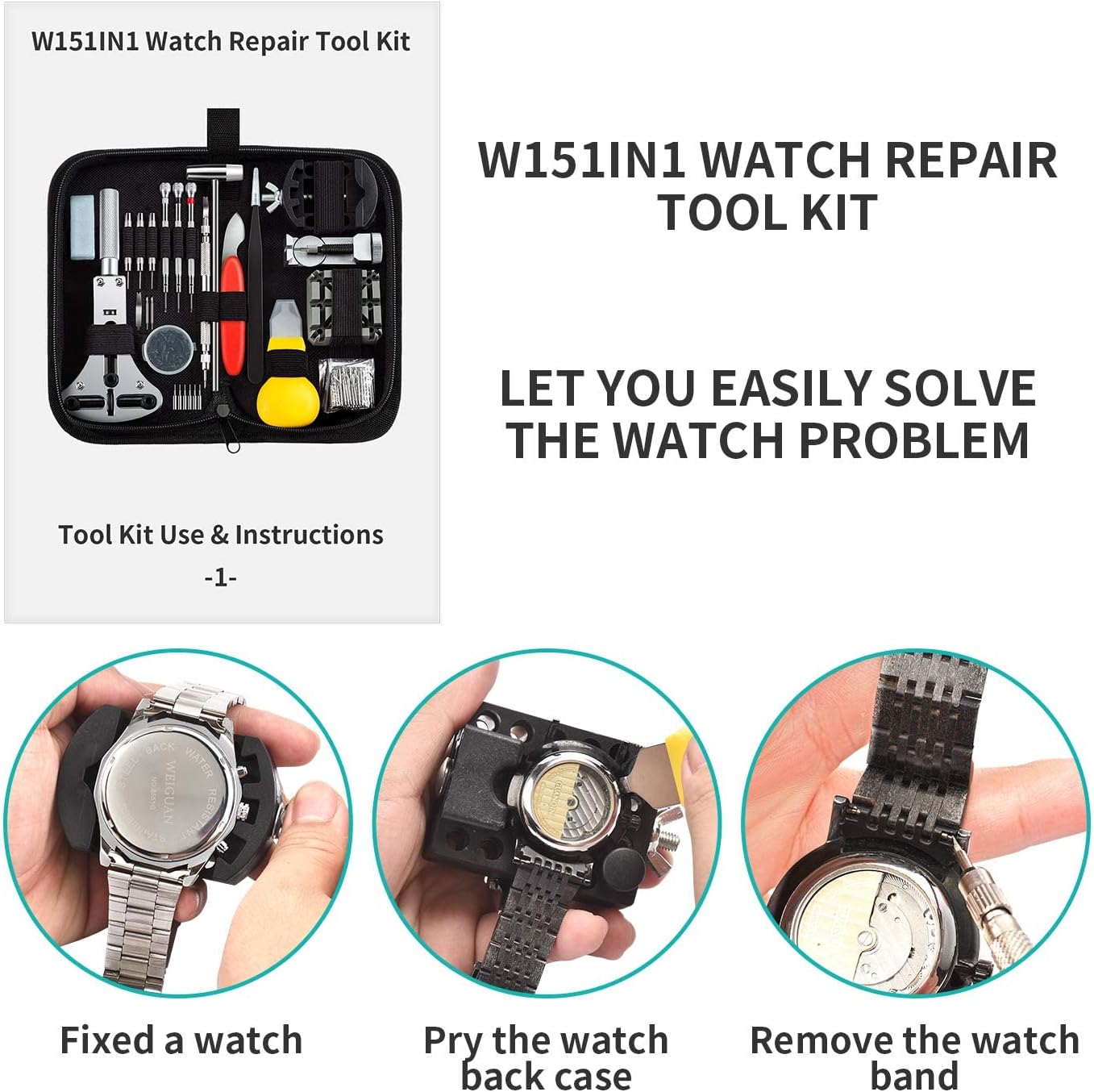 Watch Link Removal Tool Kit, Watch Battery Replacement Tool Kit, Watch Pin Removal Tool, 151 PCS Watch Band Tool Kit, Unamela Watch Resizing Kit with Carrying Bag, Color User Instruction Manual