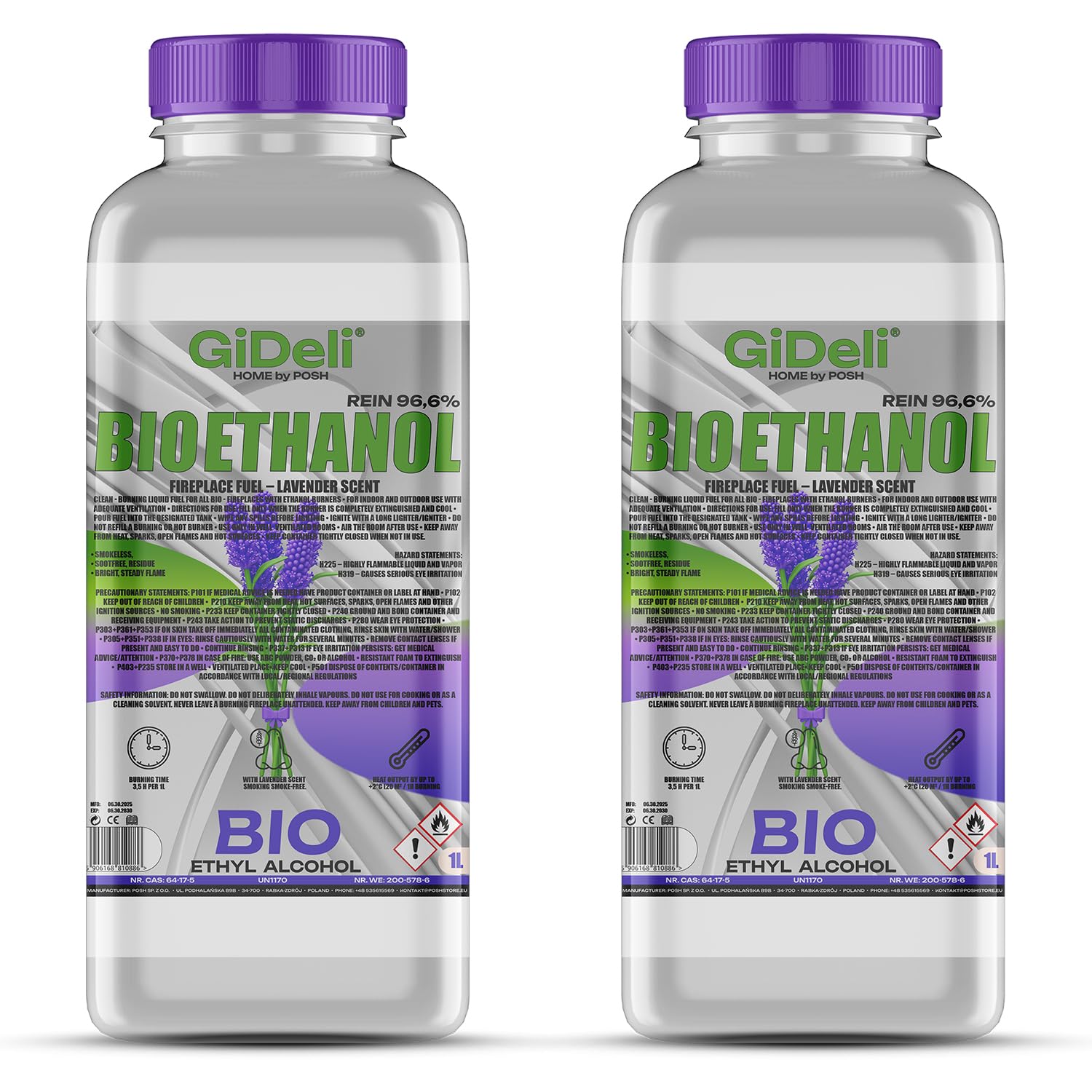 GiDeli Bioetanol 2 x 1 l de aroma de lavanda 96,6% etanol para chimeneas interiores y exteriores, sin humo ni hollín, de maíz y remolacha azucarera
