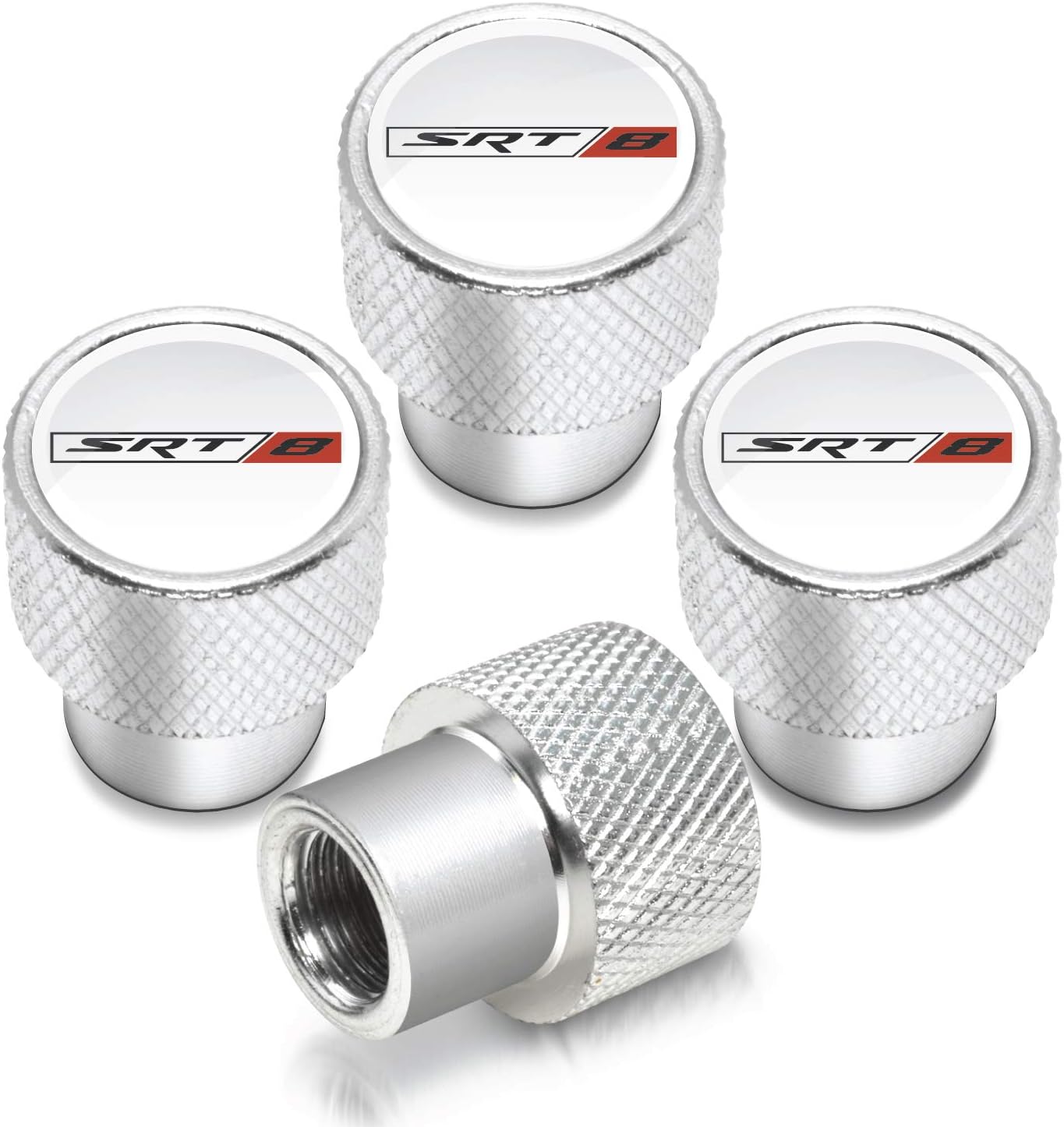 iPick Image for SRT-8 in White on Shining Silver Aluminum Tire Valve Stem Caps for Dodge Jeep