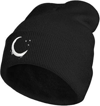 Goth Crescent Moon Embroidery Beanie Hat for Men Women Winter Warm Stretch Skull Knit Hats Cap Black