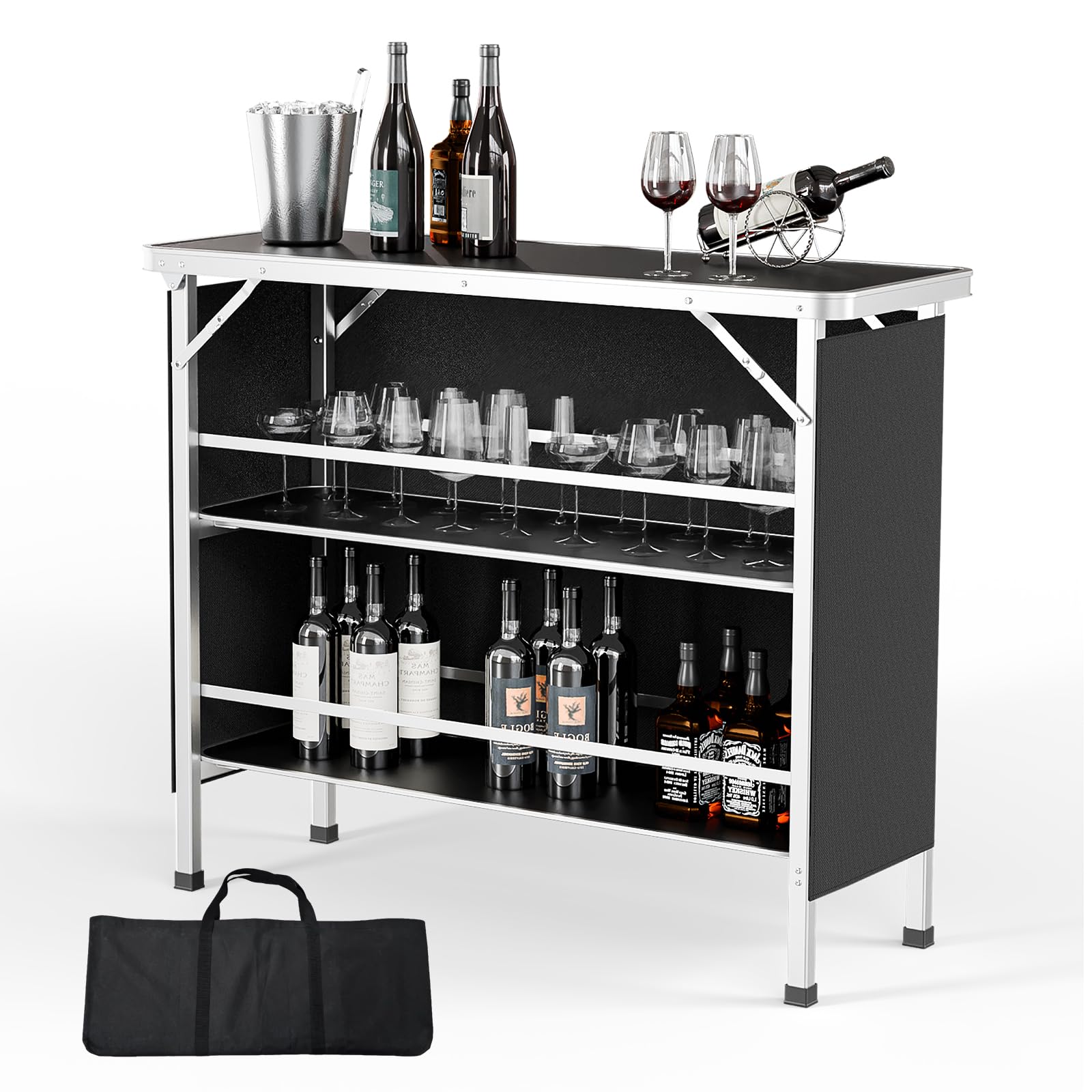 VINGLI 43 inch portable bar table with three-tier shelves and black skirt