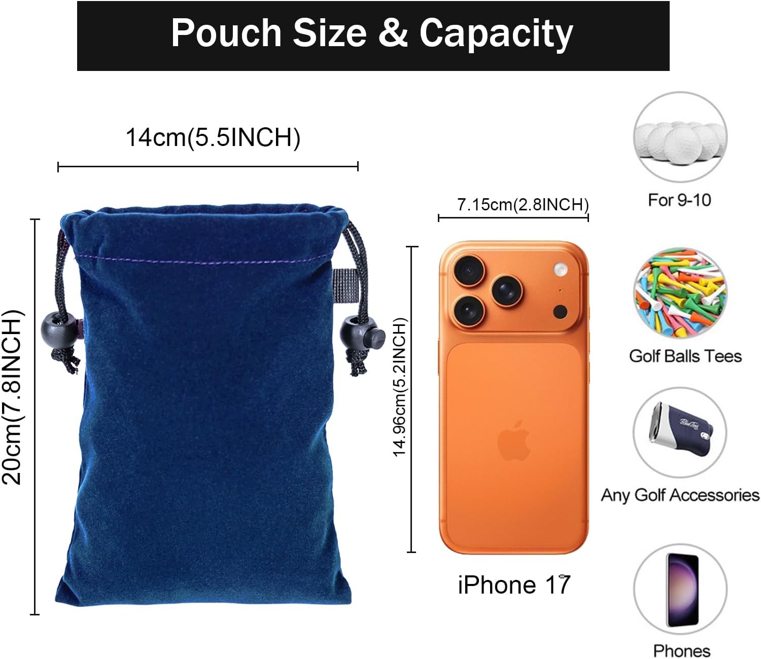 Lestyn Golf Tee Pouch with Drawstring, 5.7 x 7.87 Inch Small Accessories Bag for Ball Marker & Tees, Portable Valuables Pouch for Golf Cart or Bag, Built-in Webbing Loop for Any Hook