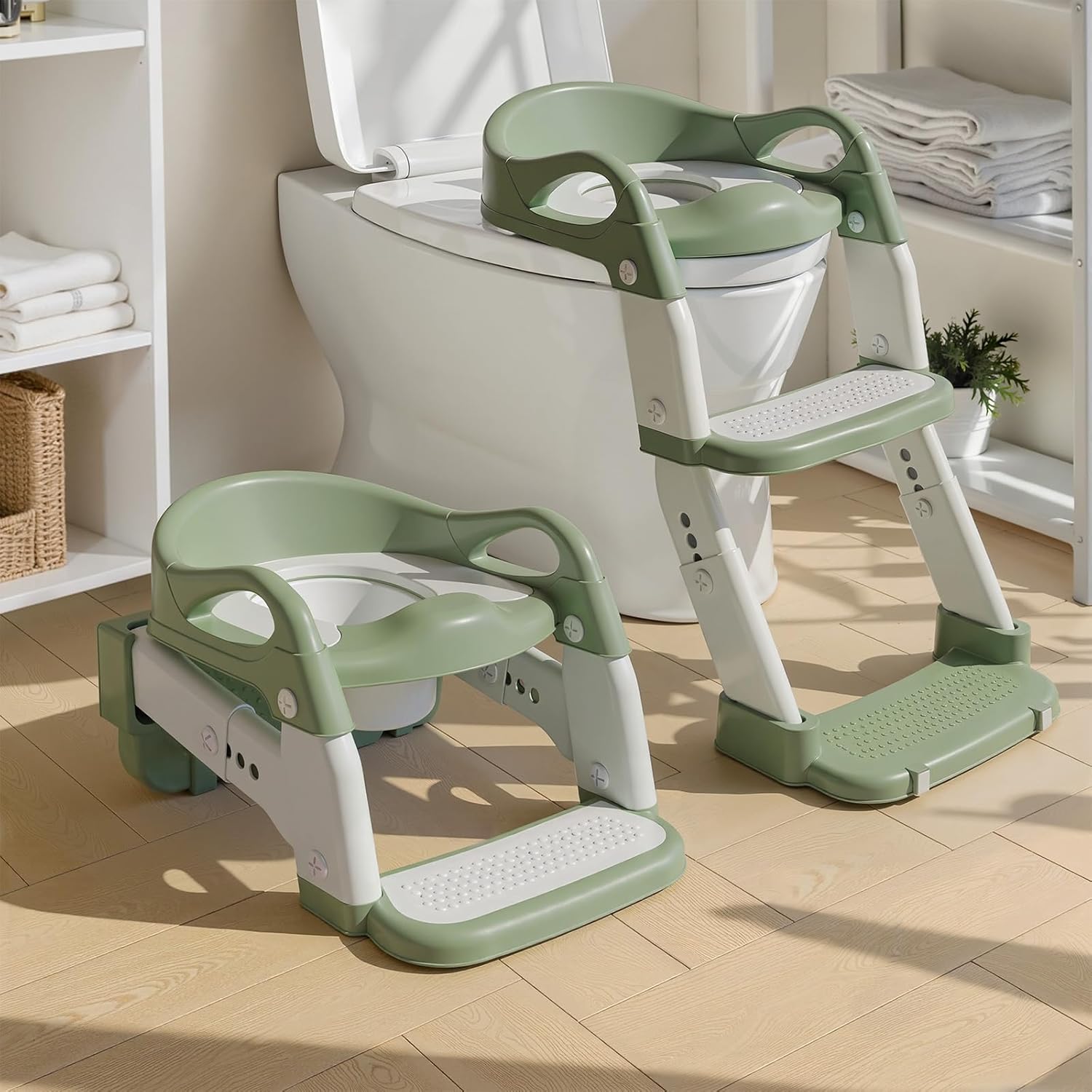 3-in-1 Potty Training Seat & Training Toilet & Potty Chair, Height Adjustable Toddler Toilet Seat for Kids Boys Girls, Foldable Potty Training Toilet with Splash Guard and Anti-Slip Steps (Green)