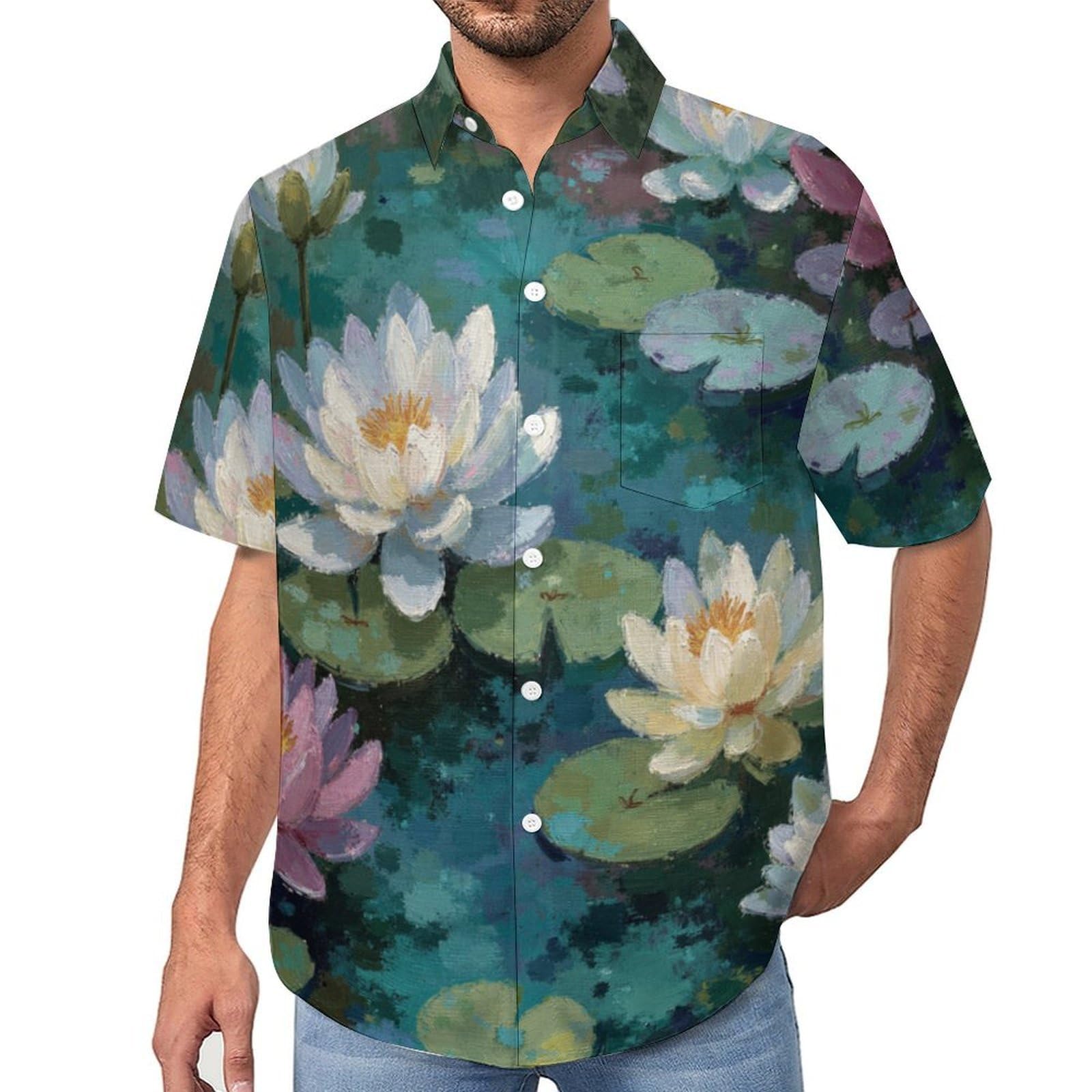 Camicie da Uomo a Maniche Corte con Stampa della Ninfee Dipinto Ad Olio Estetica Moderna, Casual Leggere Bottoni Camicia con Tasca Frontale, per Vacanze Spiaggia Estate