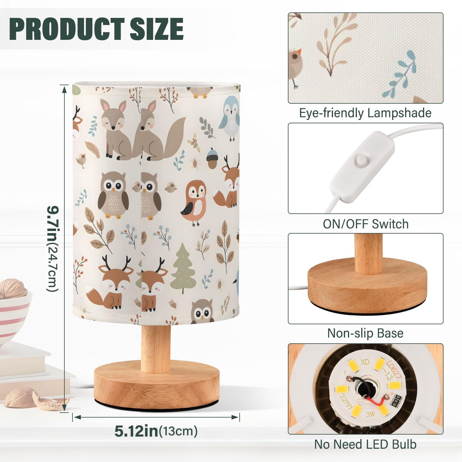Mnsruu Bedside Table Lamp Owl Fox Forest Animal Pattern Bedside Lamps LED Light Desk Lamp Fabric Shade Small Lamp for Bedroom Living Room (Bulb Included) - Image 3