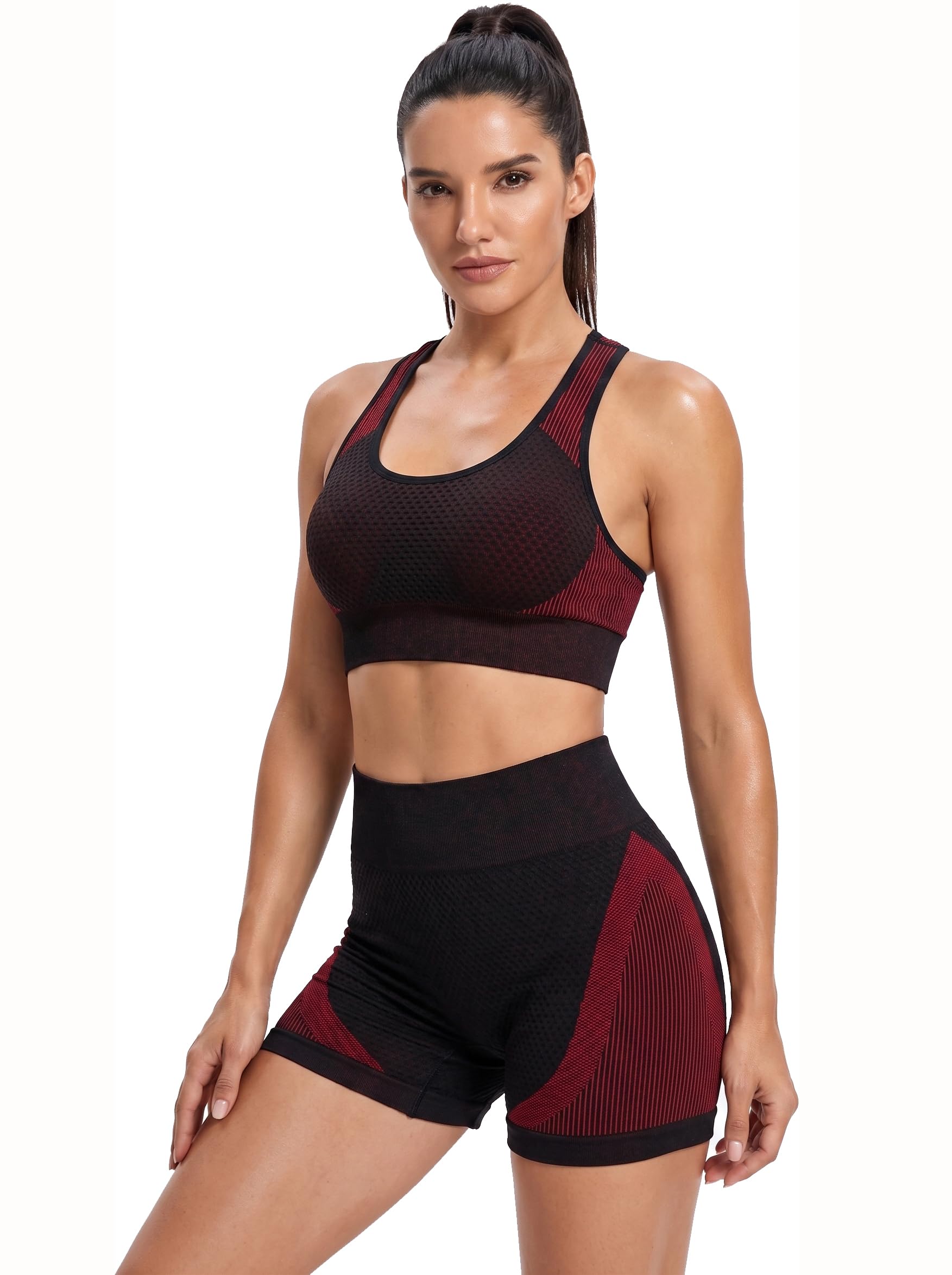 Women's Seamless Workout Set, Sports Bra and High-Waist Shorts, Black and Red, Gym Fitness Activewear-image-30