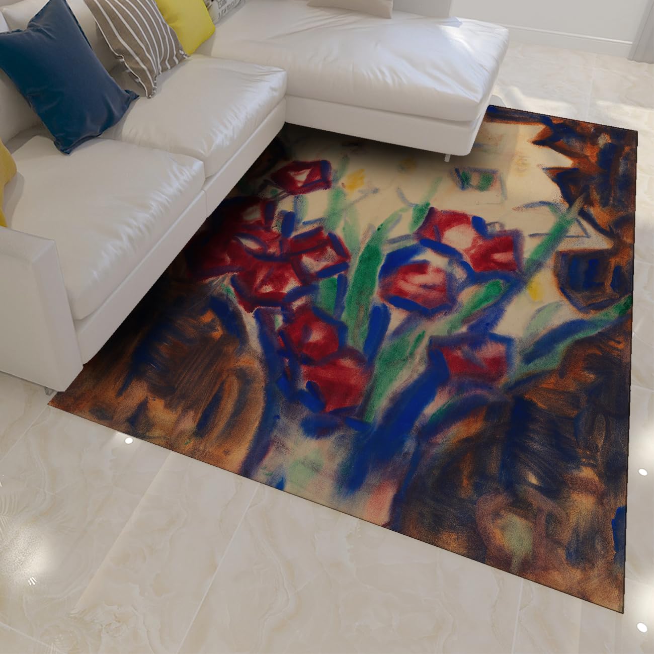 Tapis lavable 100x150cm antidérapant à poil bas style fleurs abstraites