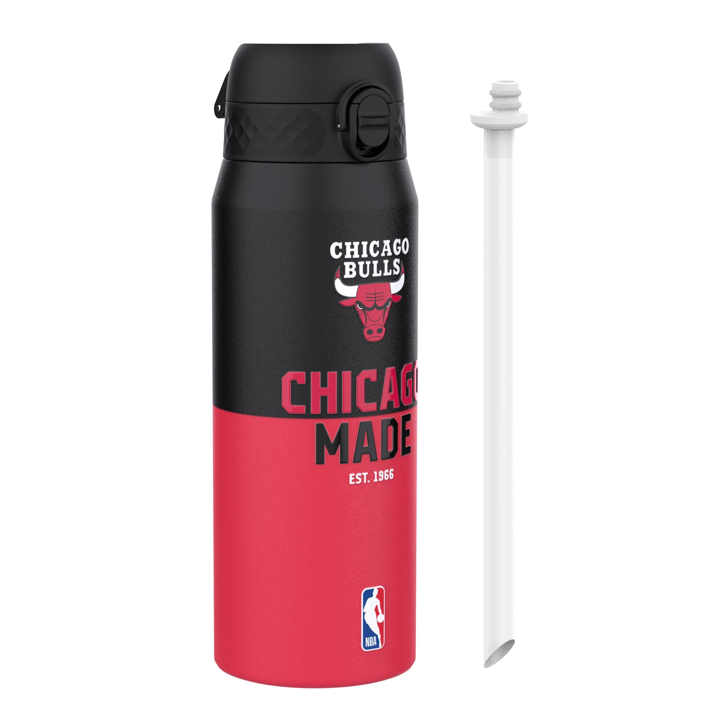 Ion8 NBA Chicago Bulls Sports Thermal Water Bottle with Removable Straw, 750ml/24oz, Leak-proof Insulated Drinking Bottle, Easy to Open, Secure Lock, Dishwasher Safe, Flip Cover, Metal Bottle