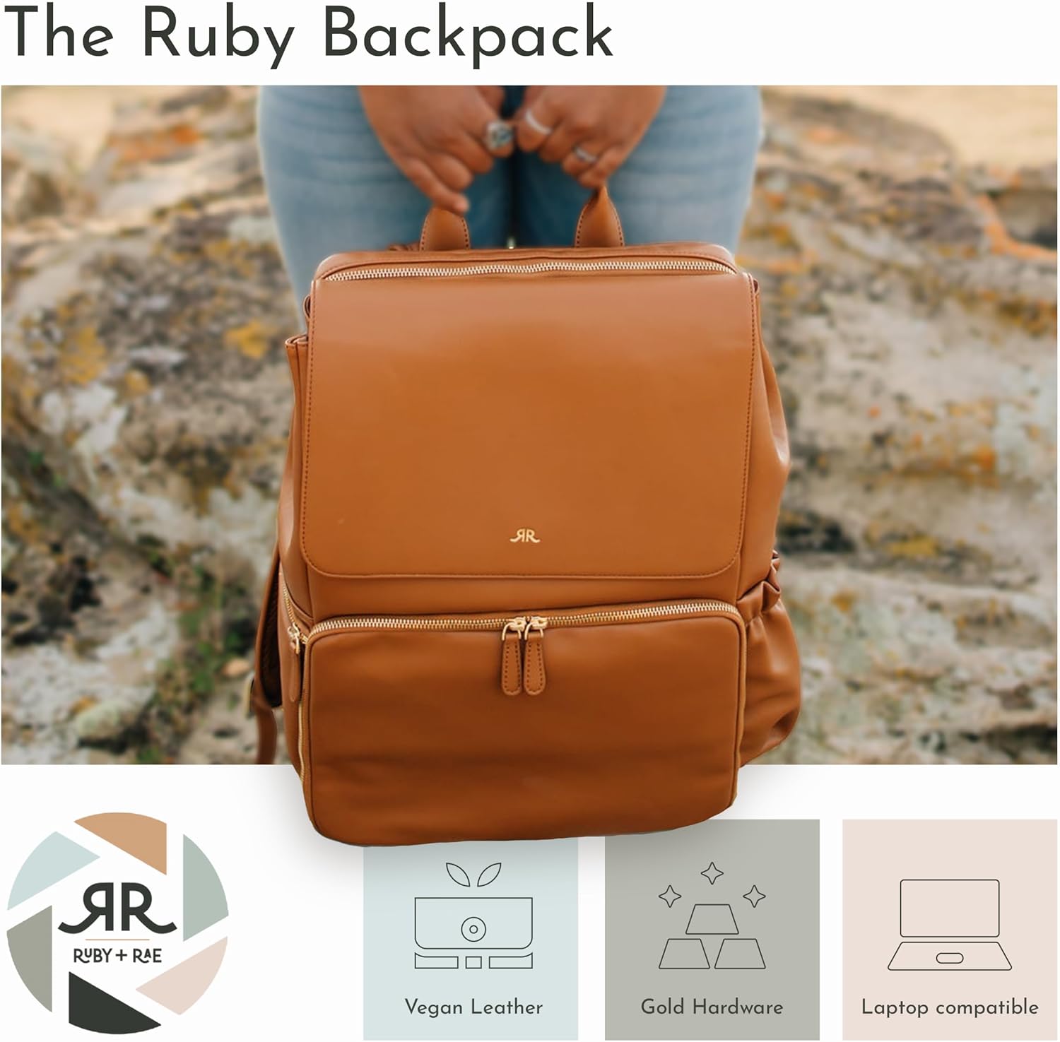 Ruby Camera Backpack – Sleek, Durable Vegan Leather Bag with Gear Dividers, Laptop Compartment, and Side Access for Cameras & Gear, Brown