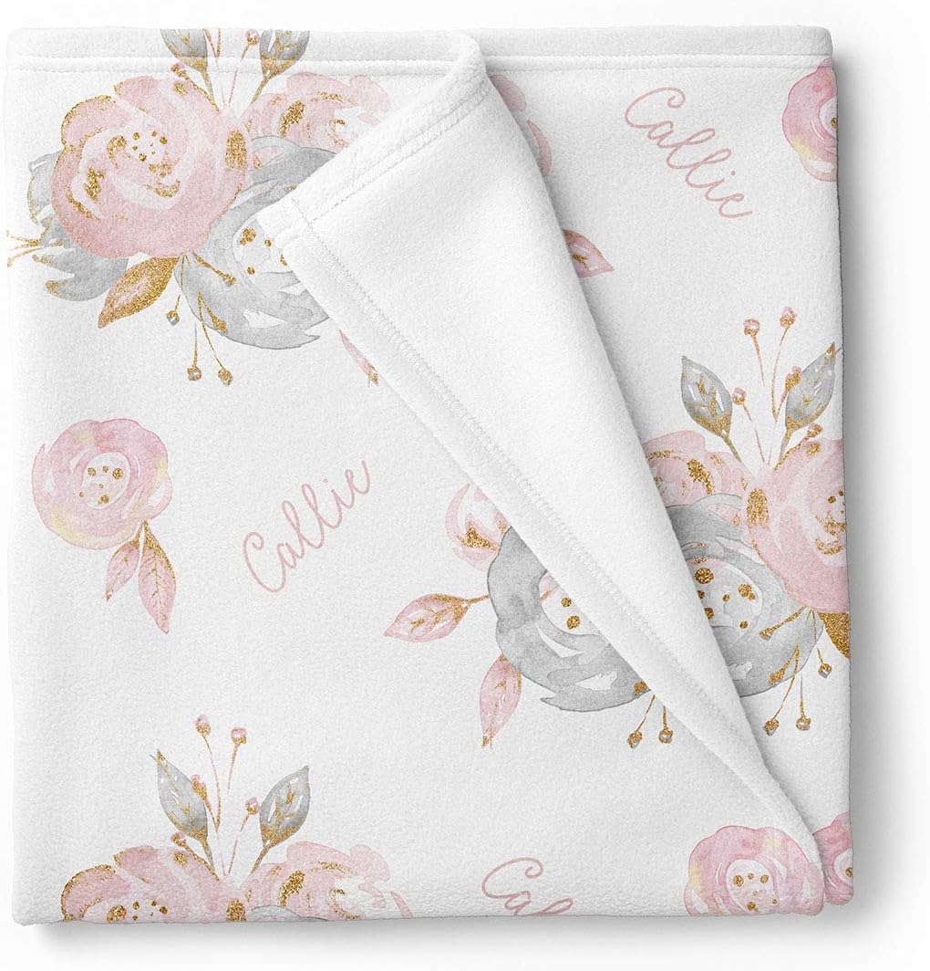 Pink and Grey Floral Personalized Baby Girl Blanket, Shabby Chic Nursery