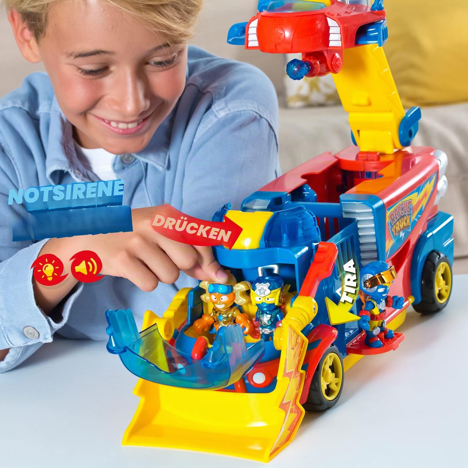 SUPERTHINGS Rescue Truck – SuperThings Rescue Truck with an extendable Ladder and a Detachable Rescue Ship. Includes 1 Exclusive Kazoom Kid and 1 Exclusive SuperThing. with Lights and Sound Effects