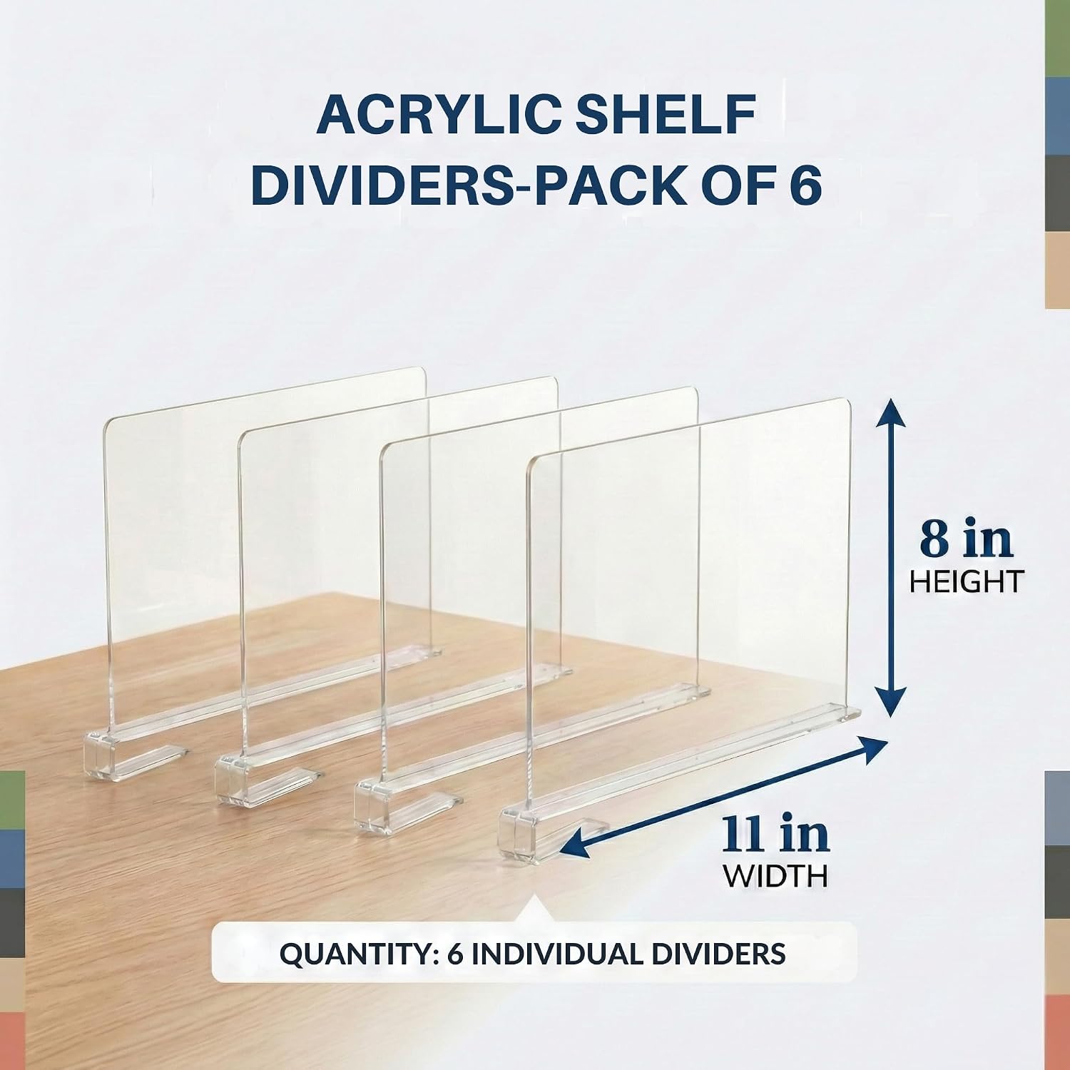 Acrylic Shelf Dividers, 6 Pack Clear Closet Shelf Organizer, Slide-On Vertical Dividers for Sweaters Shirts Towels Handbags, Fits Standard 3/4 in Thick Shelves, 11 in W x 8 in H