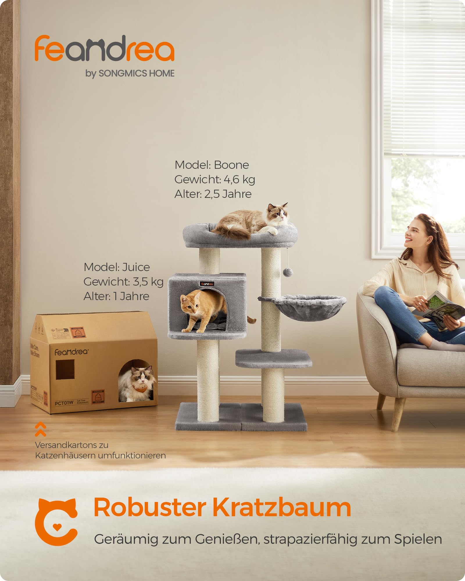 Feandrea Kratzbaum für große Katzen, XXL, hochbelastbar, Katzenturm mit 6 extra dicken Kratzsäulen, große Plattform, Höhle, Korb, flexibel aufbauen, abnehmbare, waschbare Kissen, hellgrau PCT01W