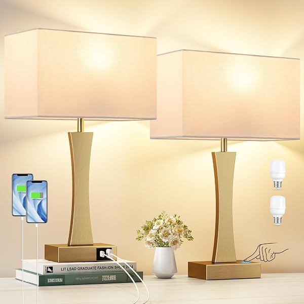 Bedside Lamps for Night Stands - 3 Way Dimmable Table Lamp for Bedroom with USB C+A Ports,Modern Bedside Lamps Set of 2,