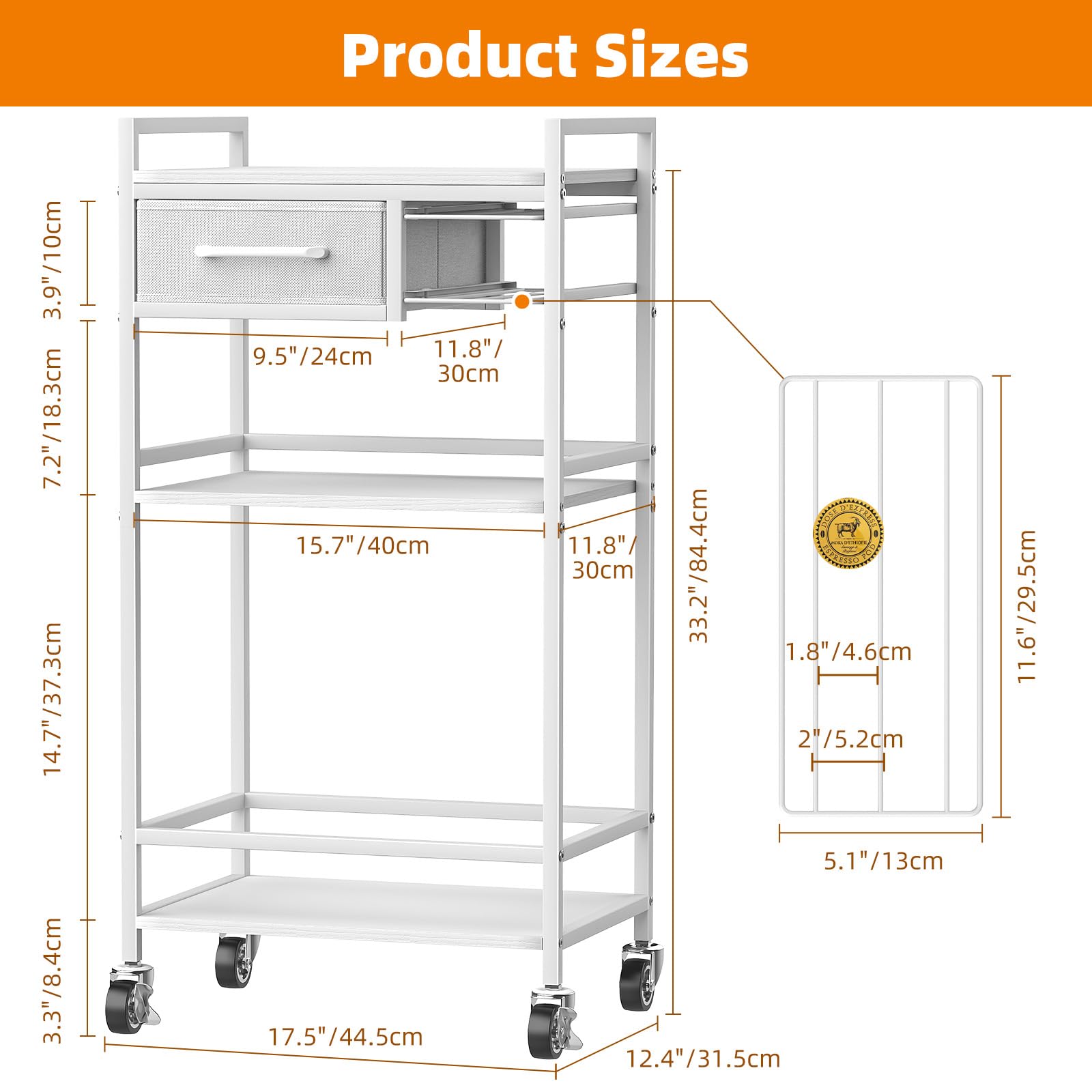 Housolution Mobile Bar Caffè a 4 Ripiani con Storage, Organizzatore per Postazione Caffè con 2 Cassetti per Nespresso Vertuo, Carrello Caffe Bar per Casa, Cucina, Soggiorno (Bianco & Grigio)