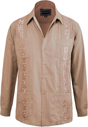 قميص زفاف مكسيكي بأكمام طويلة من Guayabera الكوبي للرجال من Guytalk بأزرار وأكمام طويلة