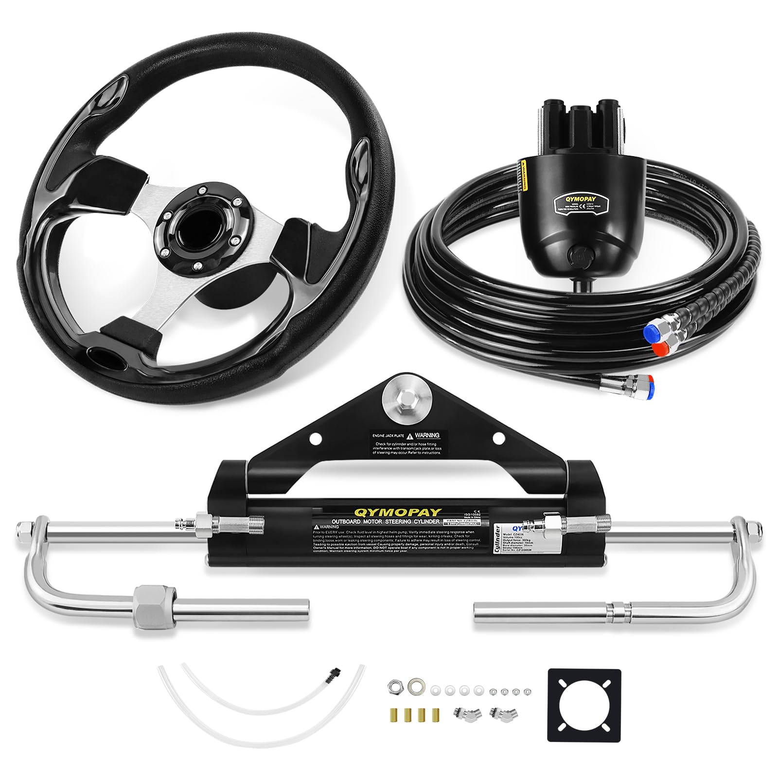 100HP/150HP/300HP Hydraulic Outboard Steering Kit, Marine Hydraulic Steering System with Bi-Directional Locking Cylinders and High Strength Nylon Hose, Single Station, Single Engine Use