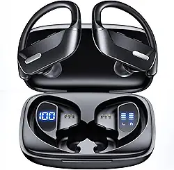 Hrich Fone de Ouvido Bluetooth, Fones de Ouvido Sem Fio Bluetooth 100H Play, Fones de Ouvido Traseiros à Prova d'água, com Microfone, Display LED, para Exercícios de Corrida Esportiva