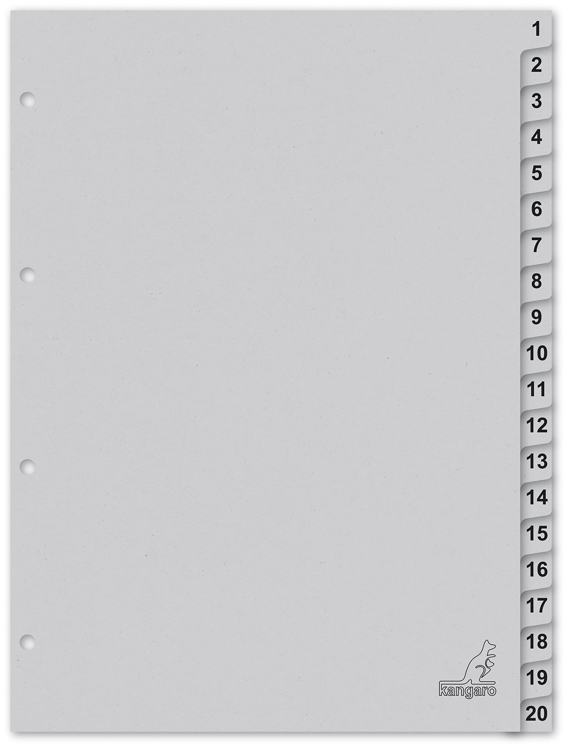 Kangaro Cardboard Index DIN A4 Numbers 1-20. 180 g/m² Recycled Grey FSC Cardboard, 20 Pieces