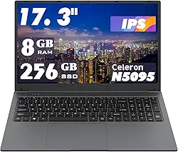 Laptop de 17,3 polegadas: processador Celeron N5095 (até 2,9 GHz), 8 GB de RAM + armazenamento SSD de 256 GB, SO Win 11, com WiFi, USB 3.0, webcam – ideal para estudantes e uso comercial