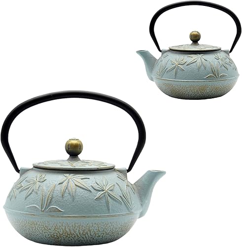 Miniatura 6 de Tetera de hierro fundido con infusor de acero inoxidable para estufa, recubierta con interior esmaltado, tetsubina japonesa con patrón de hojas de