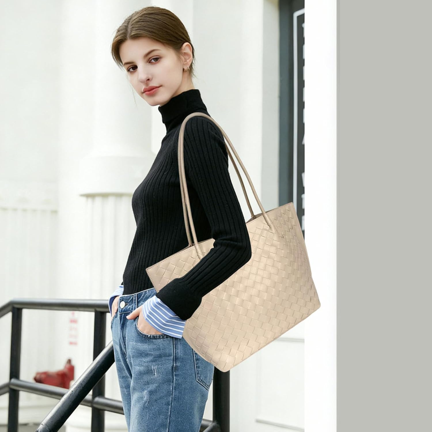 Woven Leather Tote Bag for Women - Large Capacity Shoulder Handbag with Matching Pouch, Stylish - Image 3