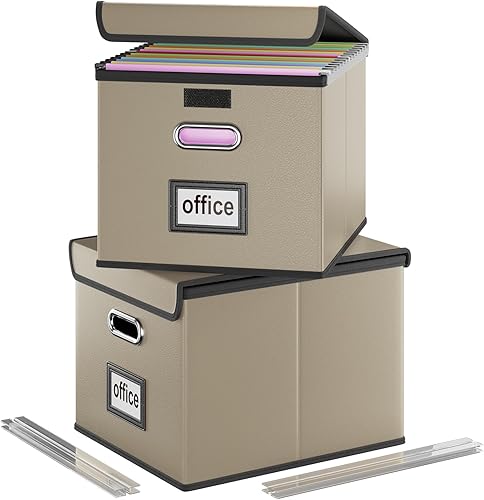 Vista 84 de Huolewa Cajas organizadoras de archivos con tapas, plegables de lino para colgar y almacenar con tobogán de plástico para oficina/decoración/hogar