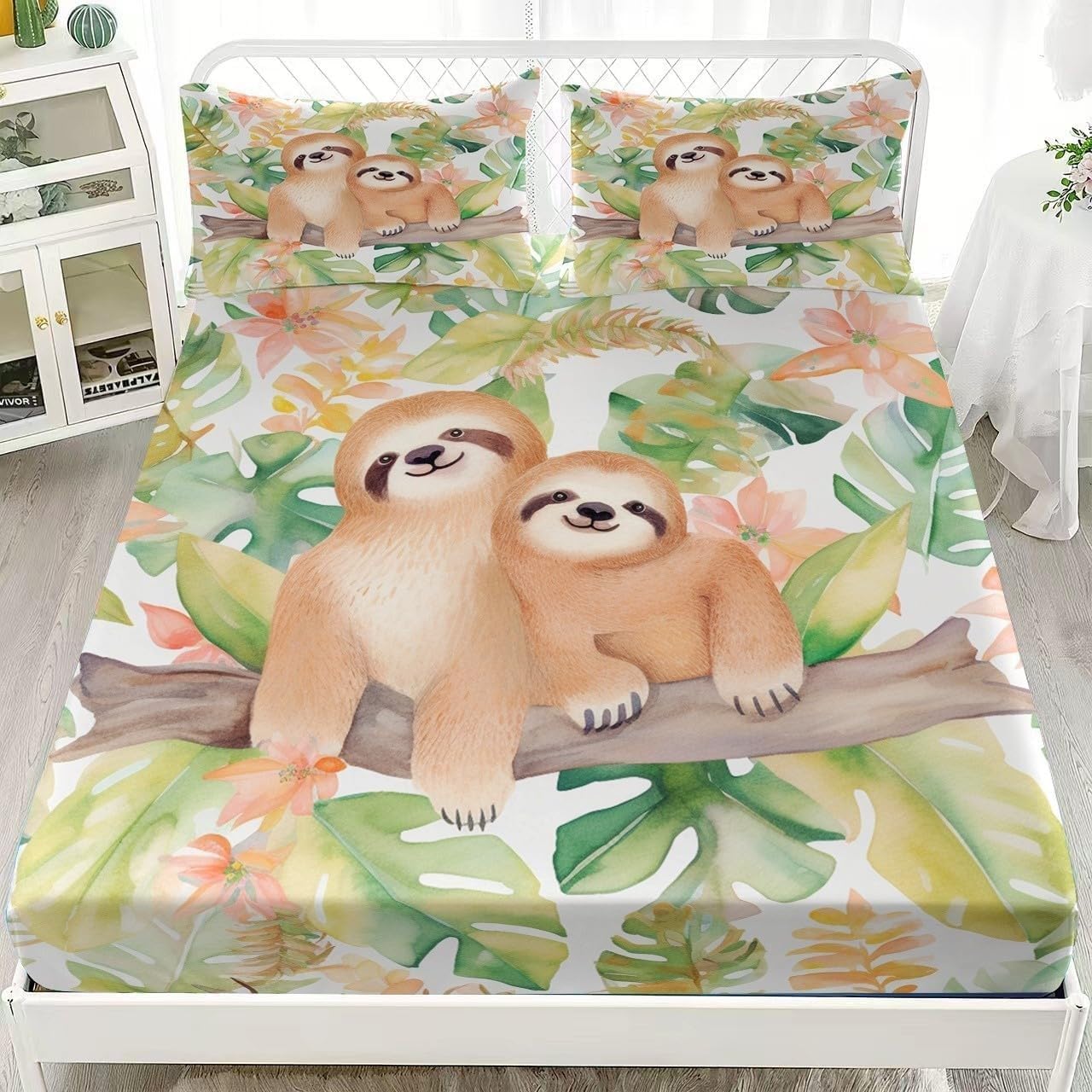 Bsyyzqc Boys Cartoon Sloth Super King Fitted Sheet Tropical Flowers Bed Sheets Deep Pocket 12 Inch (30 Cm) Soft Cozy 3 Piece Microfibre Bed Sheet 180X200 Cm With 2 Pillowcases 50X75 Cm