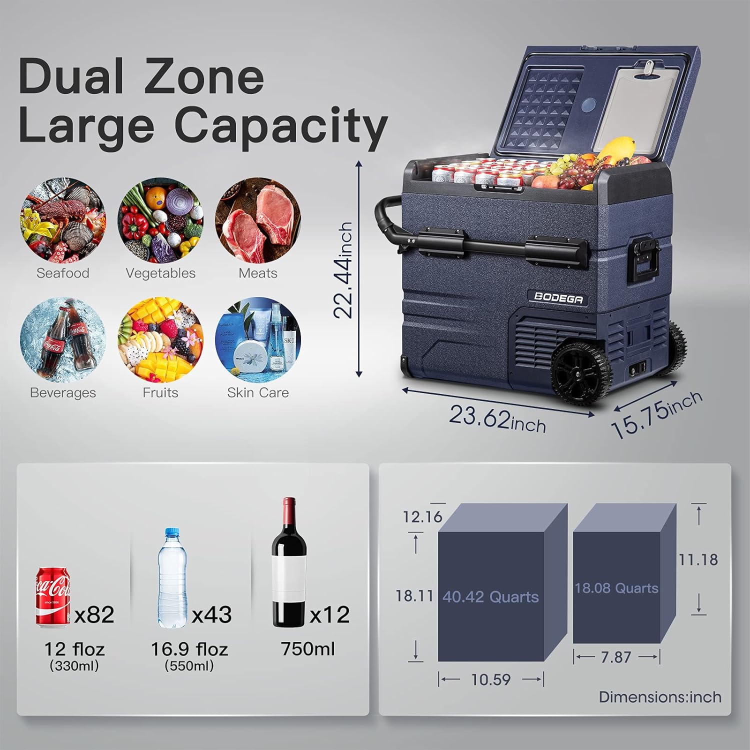 BODEGA 12 Volt Refrigerator, Portable Freezer, Car Fridge Dual Zone APP Control, 59 Quart（55L）-4℉-68℉ RV Electric Compressor Cooler 12/24V DC and 100-240V AC for Outdoor, Camping, Vehicles, Travel, RV : Automotive