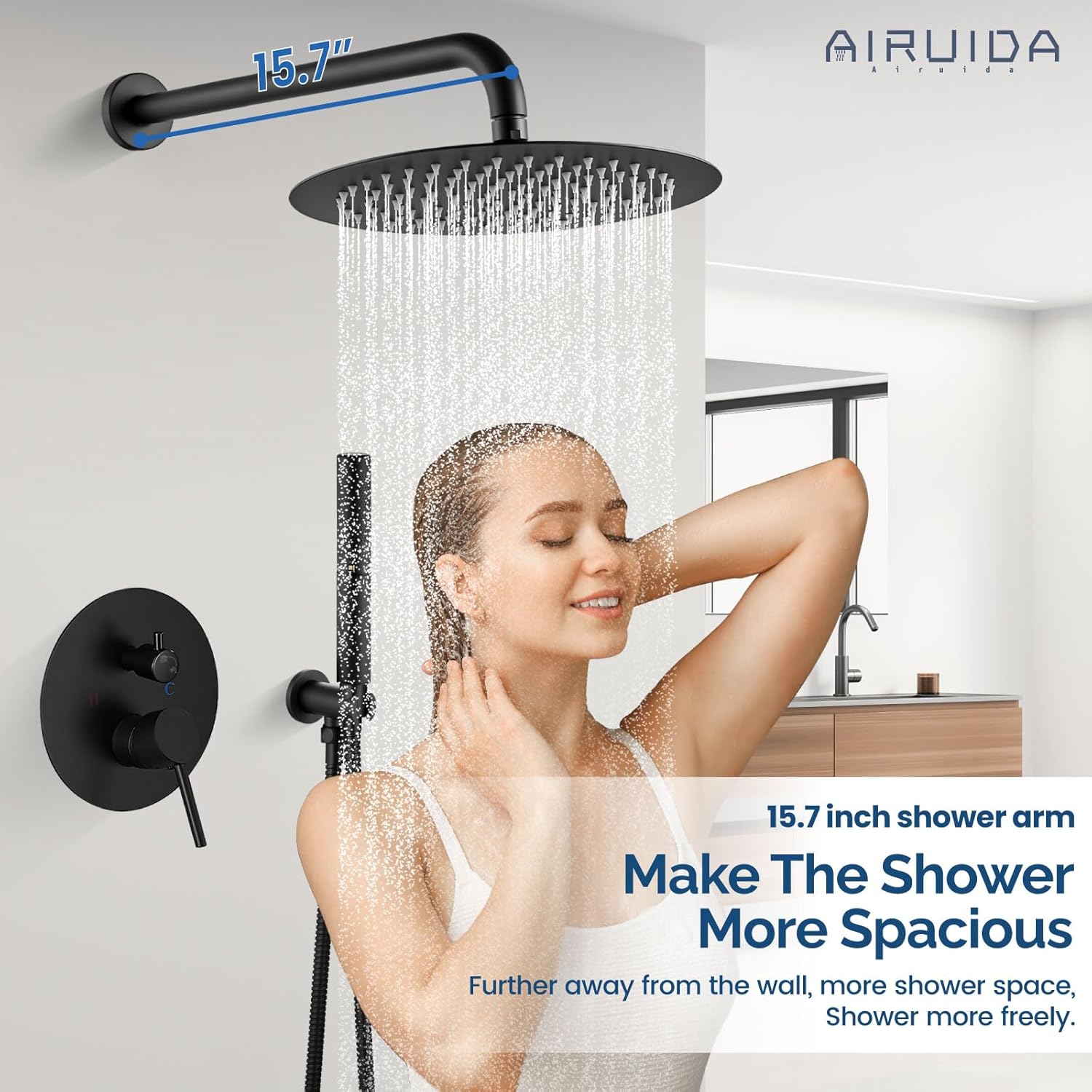 Airuida Shower Fixtures 2 Functions Shower Faucet Set Wall Mounted for Bathroom High Pressure Brass Handheld Shower with Rough-in Valve Round Rainfall 12 Inch Shower Head Matte Black