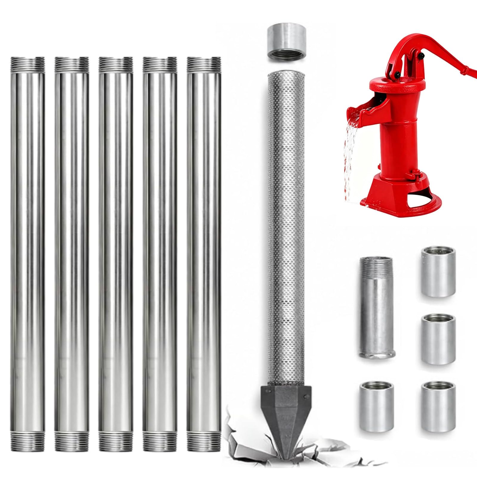 ZyKnaurral Water Well Kit with 1-1/4" Well Drive Point, Driven Well Kits Includes Galvanized Pipes, Couplings and Drive Cap, DIY Shallow Well Kit for Garden Irrigation & Water Supply 6M-WithWaterPump