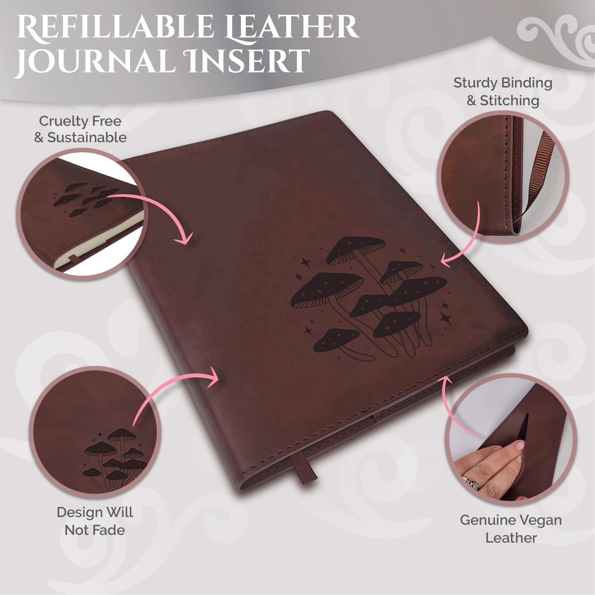 Journal en cuir champignon | Journal en cuir rechargeable pour homme et femme | Journal vierge avec charmant groupe de champignons