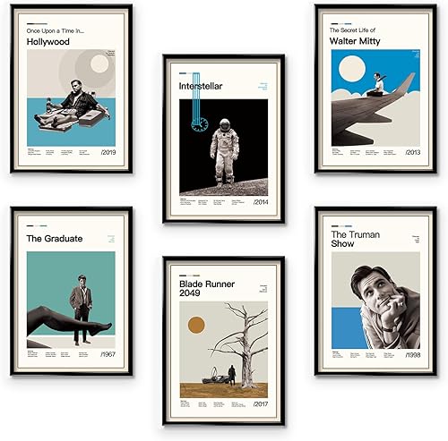ManRule Pósteres de película  Juego de 6 pósteres de película clásica, lienzo interestelar para decoración de pared de dormitorio, tamaño A4, sin