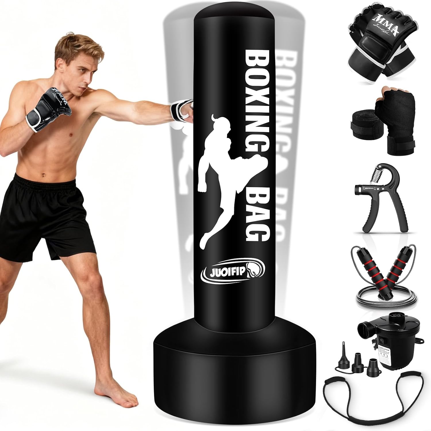 Standing Punching Bag for Adults, Boxing Bag with Stand for Stress Relief & Home Gym, Kicking Bag for MMA Training, Includes Boxing Gloves, Electric Air Pump, Grip Trainer, Jump Rope & Band