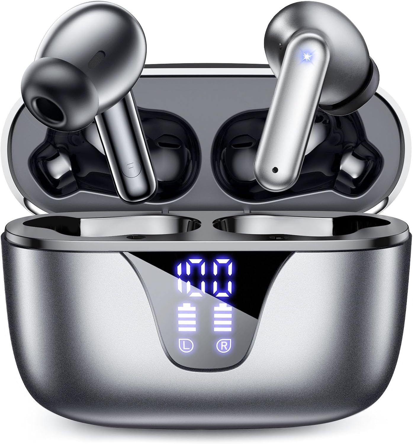 Wireless Earbuds Bluetooth Headphones, 50H Playtime Ear Buds with Mic, LED Digital Display Charging Case, IPX7 Waterproof, Deep Bass Stereo, in-Ear Earphone for iPhone Andriod Phone - Slate