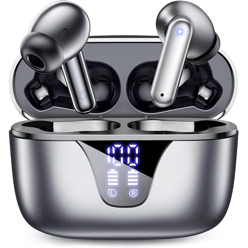 Wireless Earbuds Bluetooth Headphones, 50H Playtime Ear Buds with Mic, LED Digital Display Charging Case, IPX7 Waterproof, Deep Bass Stereo, in-Ear Earphone for iPhone Andriod Phone - Slate